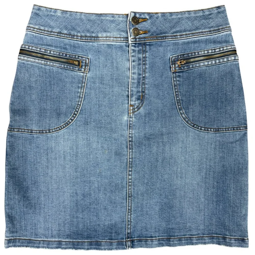 Prana Blue Denim Mini Skirt with Front Zip Pockets